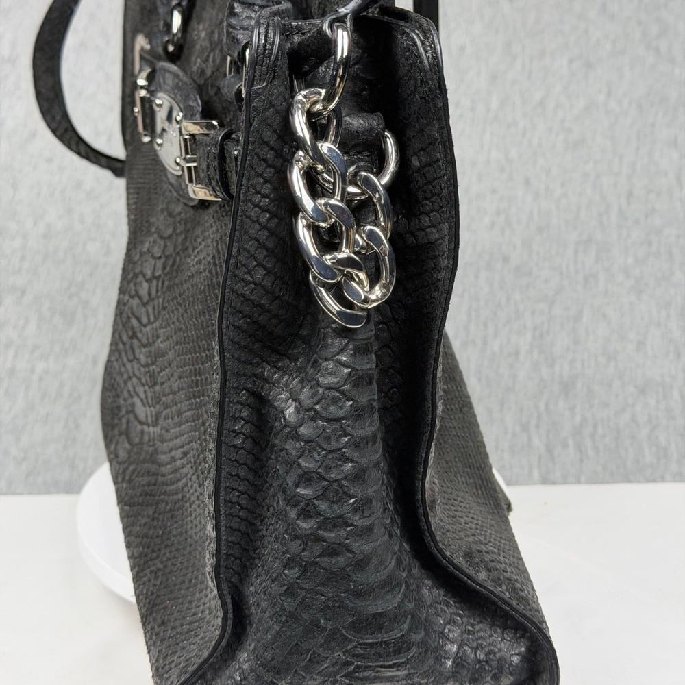 Michael Kors Hamilton Black Snakeskin Embossed Leather Satchel Handbag Silver HW - Picture 4 of 11